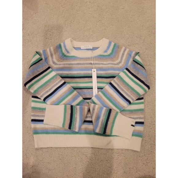 NWT One Grey Day Sloane Striped 100% Cashmere Pullover Sweater Women Size Medium - Picture 2 of 7